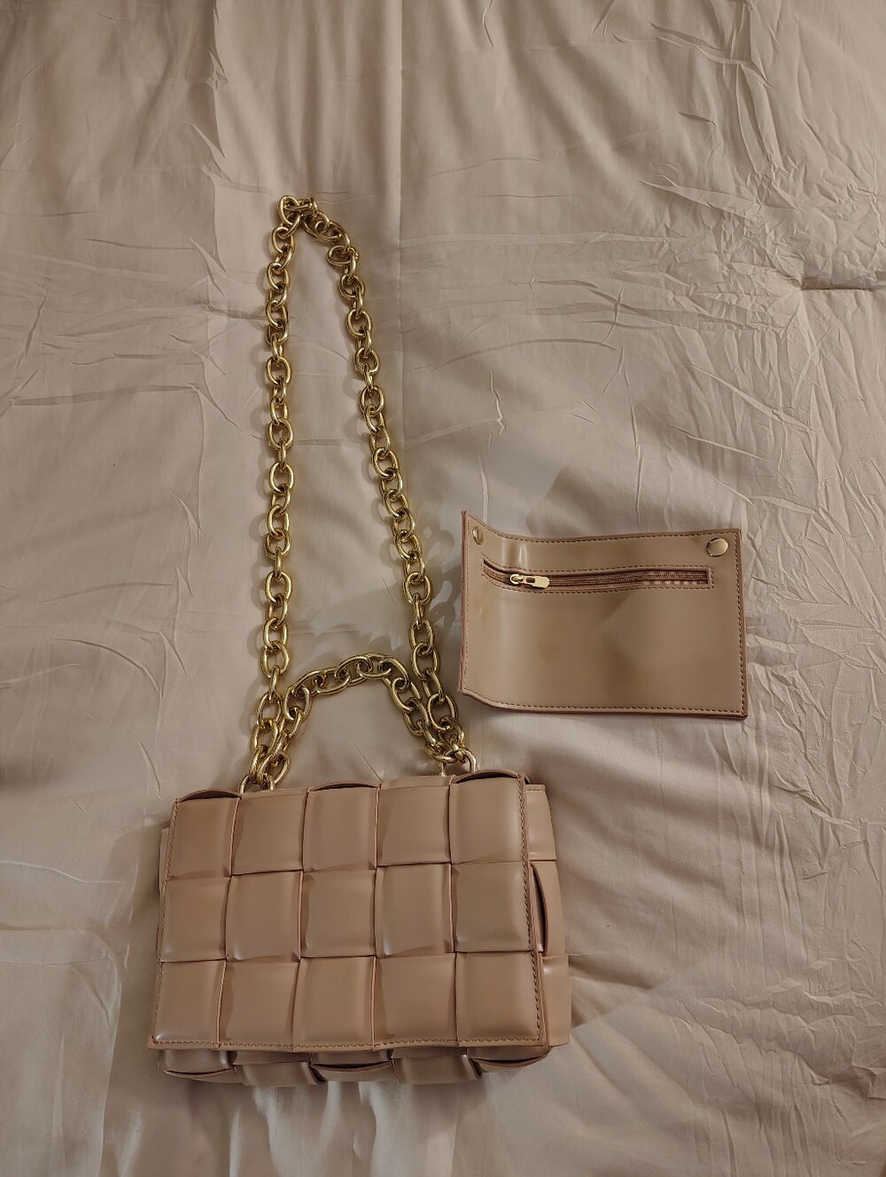 Woven Leather Chain Shoulder Bag in Beige